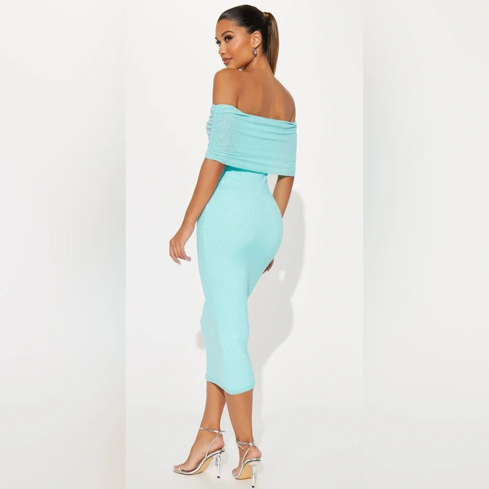 Fashion Nova Bling Bling Rhinestone Midi Dress In Aqua-Size Large NWT🩵🩵 - Picture 4 of 6